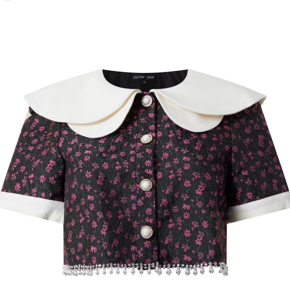 Sister Jane Floral Black and Pink Blouse with White Collar and beads
